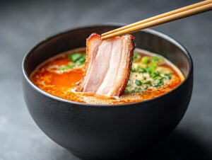 Chashu Schweinebauch als Ramen Topping in einer dampfenden Ramen Bowl